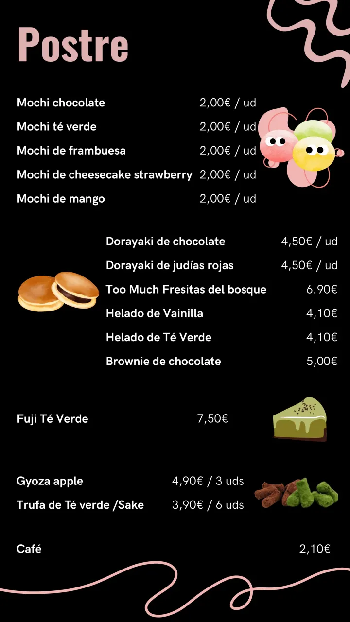 Carta de postres de Mahana Sushi